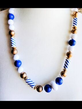 Blue, White & Gold Beaded Lucite Necklace - Women Jewelry